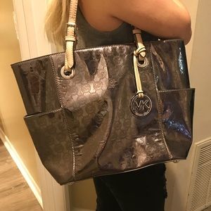 MK bundle!! grey shiny purse + perfume + necklace